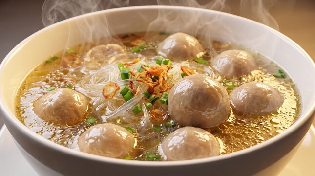 Indonesian Bakso Meatball Soup White Bowl Golden Clear Broth Glass Noodles Fried Shallots Green Onion Steam Rising With Oil Droplets Visible On Broth Surface Bright Warm Light