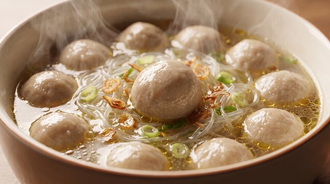 Extreme Close Up Indonesian Bakso Meatball Soup Clear Broth Glass Noodles Fried Garlic Green Onion Dramatic Steam Swirl Warm Cream Bowl Rim Macro Food Photography