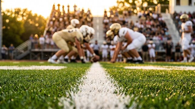 Professional football players lining up at the scrimmage line during a competitive game on a bright sunny golden afternoon outdoor field
