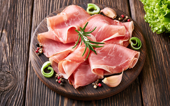 Slices of Prosciutto on old wooden background. Top view