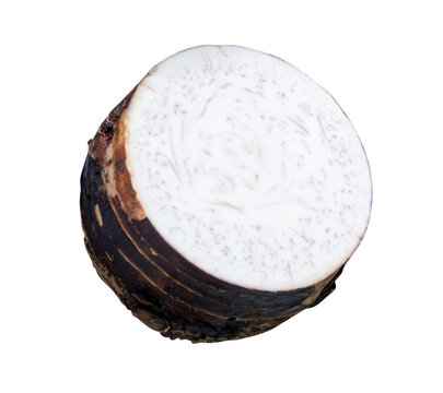Taro root in half isolated on white background with clipping path