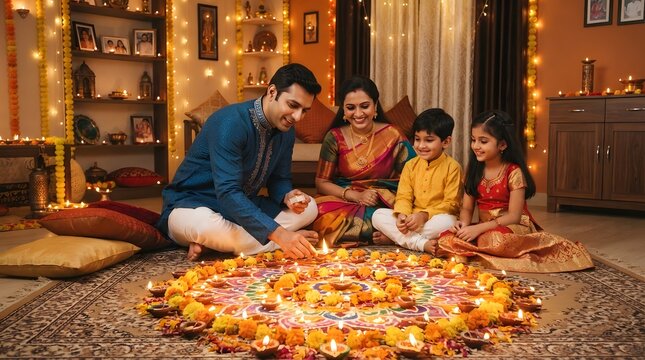 Happy indian family celebrating diwali at home with traditional diya lamps and rangoli decoration