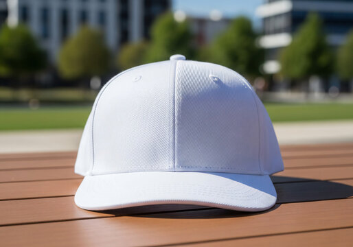 White Blank Baseball Cap Mockup on a Wooden Table in a Park