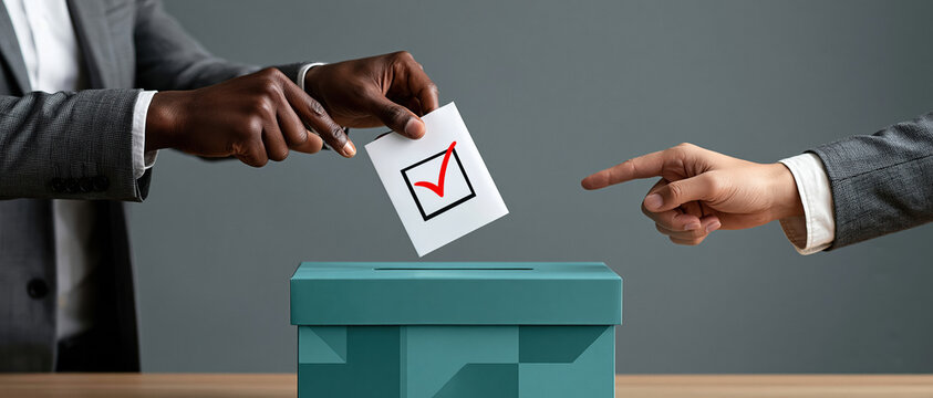 Two diverse hands casting ballots into a teal ballot box, symbolizing civic participation, inclusion, and democratic choice. Perfect for election, governance, and political campaign visuals.