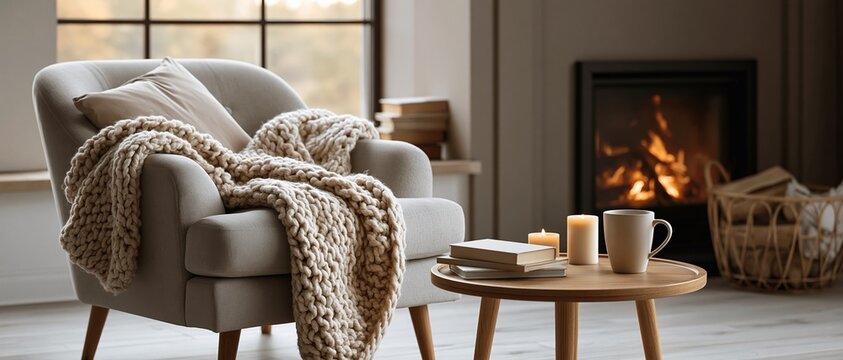 Warm Scandinavian style reading nook invites total relaxation chunky knit throw draped over armchair, candles glowing beside coffee books, fireplace crackling softly in background.