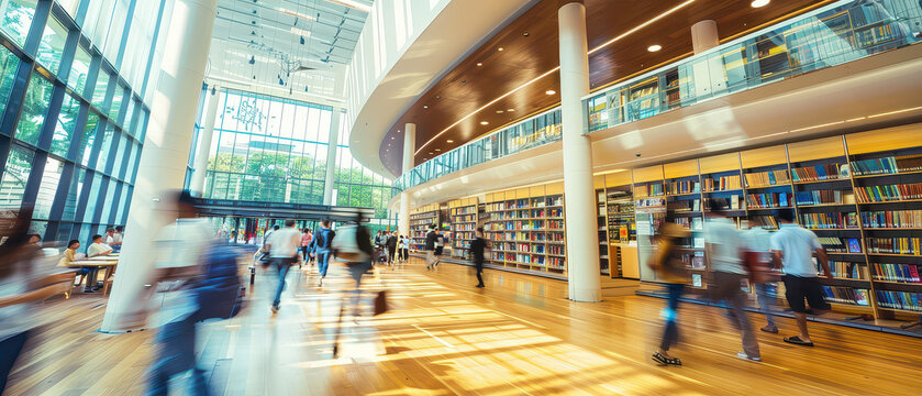 Wide angle view of people moving inside a modern public library, showing open interior, bookshelves, learning environment and everyday public activity.