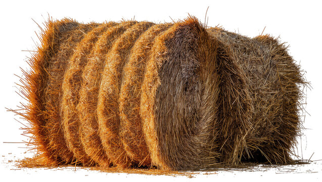 Row of round dry hay bales with rough texture, isolated on transparent background