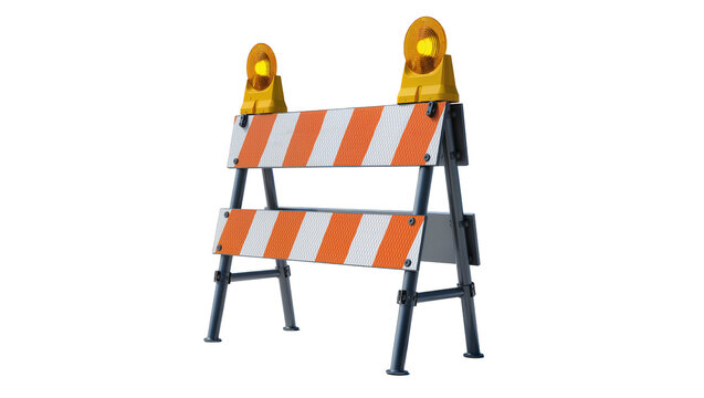Orange and white striped construction barrier with flashing yellow lights, isolated on transparent background