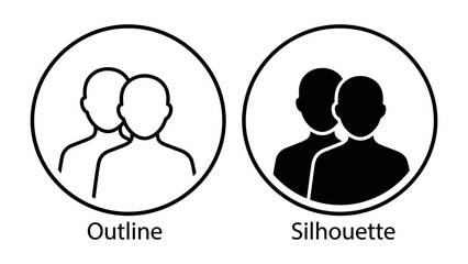 Fototapeta premium People Icon Duo: Two distinct styles, outline and silhouette, of user icons representing a group of people, conveying concepts of users, members, or individuals.