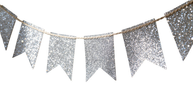 Sparkling silver glitter pennant banner strung on jute rope, isolated on transparent background