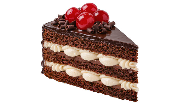 Decadent chocolate cake slice with cream filling cherries and chocolate shavings, isolated on transparent background