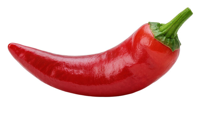 Shiny red chili pepper with green stem, isolated on transparent background