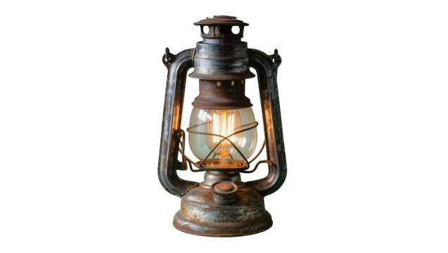 Antique rusty oil lantern with glowing filament bulb, isolated on transparent background