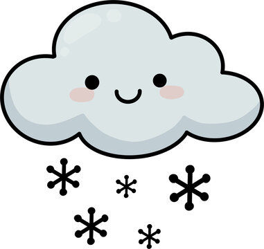 Cute smiling cloud with falling snow and snowflakes vector illustration
