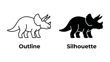 Triceratops Outline and Silhouette: Two stylized representations of a triceratops, one a clean outline and the other a solid black silhouette, showcase this iconic dinosaur. © Md