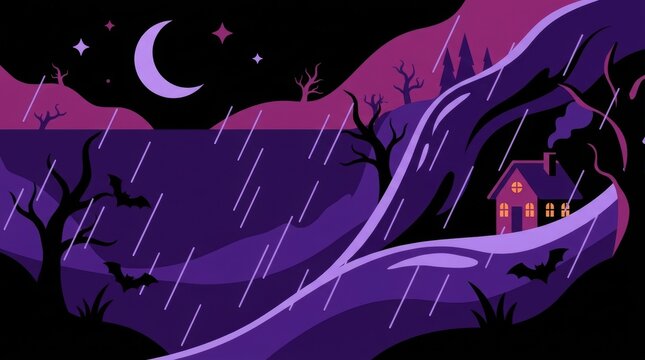 A flat vector illustration showcasing a spooky house with glowing windows and bare trees Halloween Concept Design