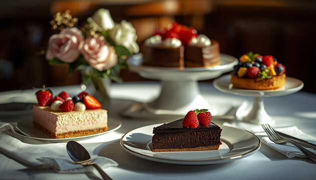 A beautifully set table with an assortment of delicious desserts and flowers
