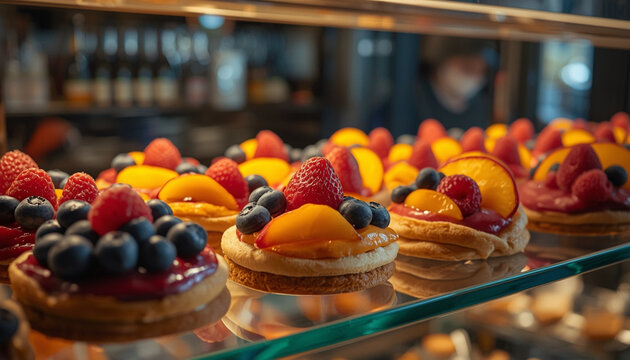 A display case filled with delicious fruit tarts in a bakery setting