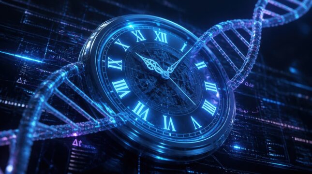 Glowing Clock and Dna Helix in Futuristic Digital Scene