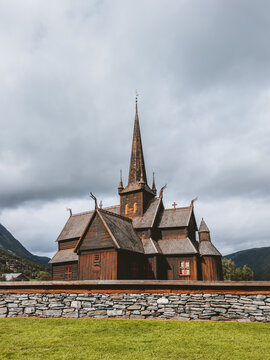 Lom Stave Church in Norway - wooden medieval Christian architecture famous landmark travel in Jotunheimen, stavkyrkje built in 12th century