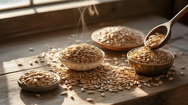 Roasted sunflower seeds served in ceramic bowls with a wooden spoon under warm morning light