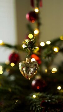Beautiful close up of a shiny gold heart-shaped bauble decorating a green Christmas tree with warm shimmering fairy lights in the background.
