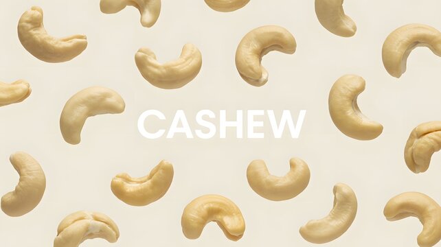 Roasted cashew nuts floating in midair against a soft cream background with bold white text