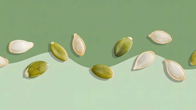 Raw pumpkin seeds scattered beautifully across a smooth gradient sage green background with soft natural lighting