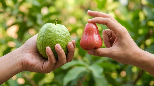 Holding Fresh Guava And Juicy Rose Apple Fruit