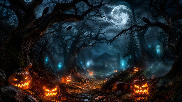 Pumpkin zombie Rising Out Of A Graveyard cemetery and church In Spooky scary dark Night full moon bats on tree. Holiday event halloween banner background concept