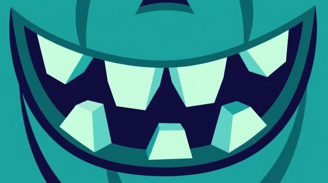 Cartoonish teal monster's grinning mouth featuring geometric light green teeth on a dark Halloween Concept Design