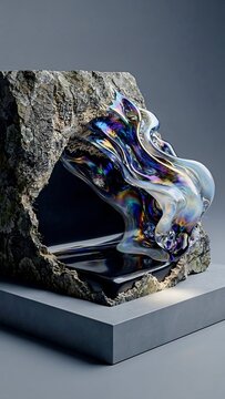 Abstract iridescent glass sculpture flowing through rough rock cave on concrete display podium