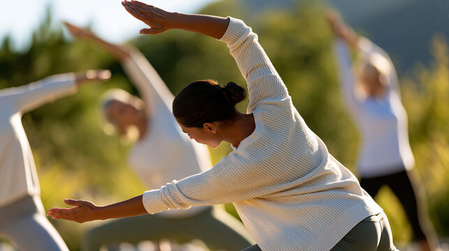 A faceless yoga instructor guiding a group side-bend stretch at an outdoor wellness retreat, balance and healing concept, defocused background, with copy space