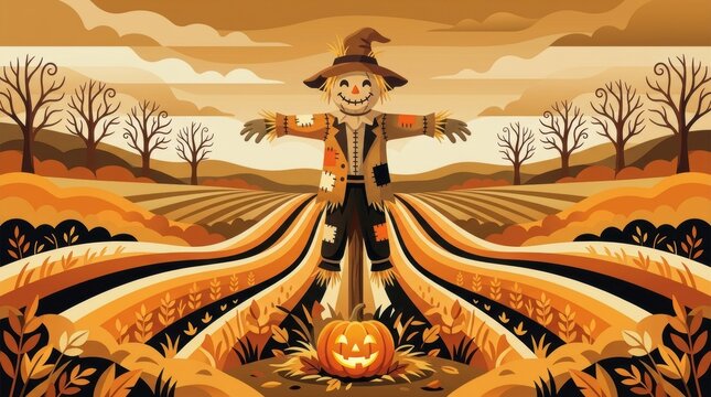 Cheerful scarecrow with glowing jack-o'-lantern in a warm, textured autumn field with bare Halloween Concept Design