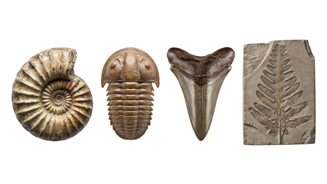 Collection of prehistoric fossils isolated on white