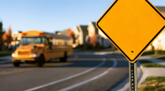 In a school zone warning sign, a yellow school bus entering a sunny suburban street symbolizes the start of the new academic year and the beginning of students' commutes