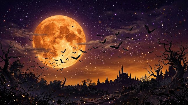 Full orange moon in a dark starry night sky above a silhouetted forest with flying bats halloween silhouette landscape mysterious atmosphere background celebration dramatic