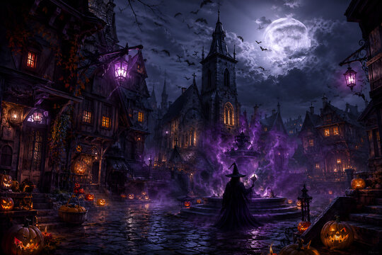 Pumpkin zombie Rising Out Of A Graveyard cemetery and church In Spooky scary dark Night full moon bats on tree. Holiday event halloween banner background concept