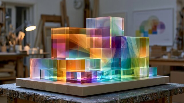 Translucent cube sculpture reflects colorful light within an artist&rsquo;s studio, symbolizing creative innovation, multifaceted solutions, and abstract complexity