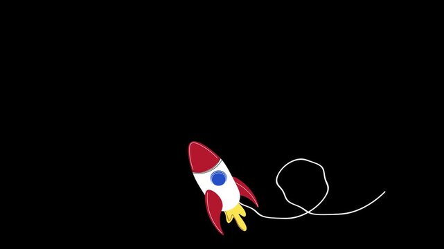 Cartoon rocket ship with a white trail line 2D animation. Space ship launch, science, cosmic exploration for children. Isolated on black background. 