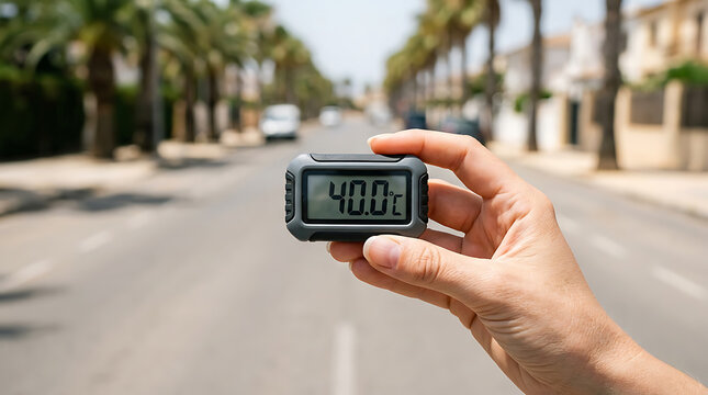 Woman's hand holding a sleek digital outdoor thermometer displaying 40.0&deg;C against a sun-drenched palm tree street background, representing extreme summer heatwave conditions and climate change.
