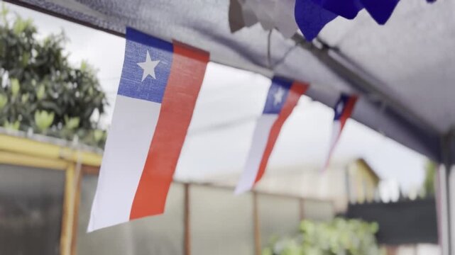 Chile flags hanging outdoors during national celebration with shallow depth background