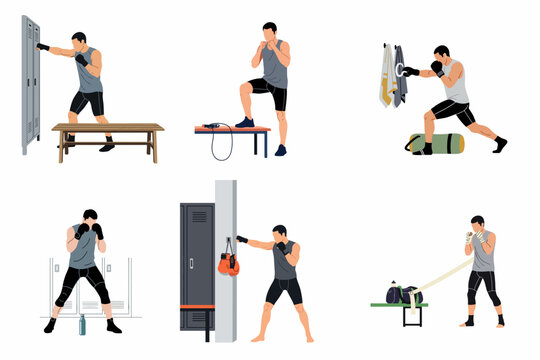 Set of Flat Vector Illustrations Featuring a Male Boxer Training and Preparing in a Gym Locker Room, Including Shadow Boxing, Punching, and Wrapping Hands for a Fight