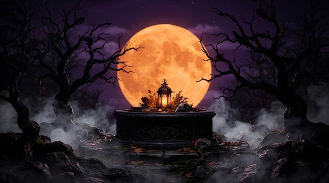 Spooky halloween scene with full moon