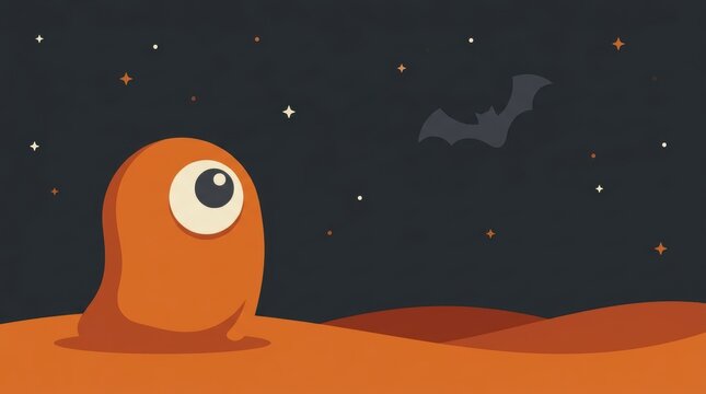Friendly orange cyclops gazing at a dark starry night with a bat flying over rolling hills. Halloween Concept Design