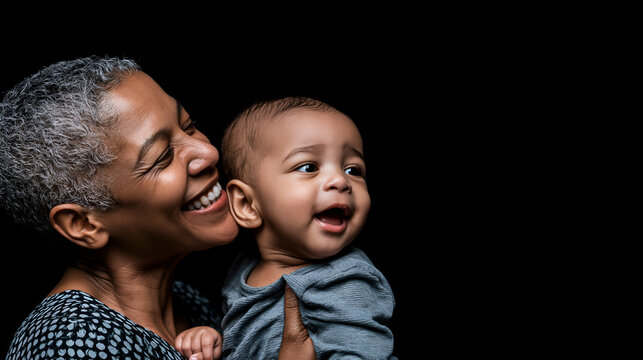 Happy Black grandmother holding her baby grandchild lovingly in her arms smiling against dark background, tender intergenerational sweet family portrait celebrating joy and lineage, wide copy space