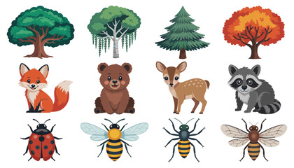 Fototapeta premium Cute Woodland Animal, Tree, and Insect Vector Icon Set Featuring Fox, Bear, Deer, Raccoon, Oak, Pine, Ladybug, and Bee for Kids Nature Education Designs