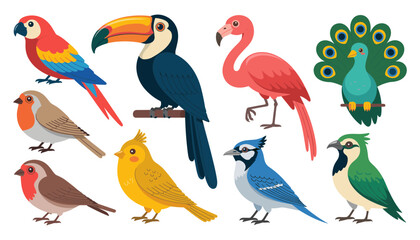 Cute Colorful Exotic and Wild Bird Vector Character Set Featuring Macaw, Toucan, Flamingo, Peacock, Blue Jay, and Canary for Zoo, Nature, and Kids Educational Designs