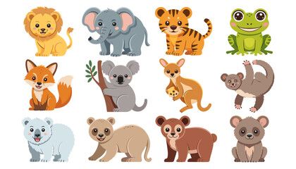 Obraz premium Cute Baby Wild Animal Vector Character Set Featuring Lion, Elephant, Tiger, Frog, Fox, Koala, and Kangaroo for Nursery, Kids Books, and Educational Graphic Designs