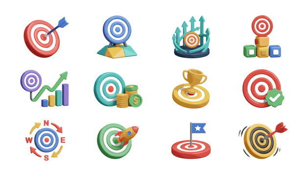  3D style business target icon set vector illustration featuring bullseye goals rocket success financial growth trophy and compass strategy symbols